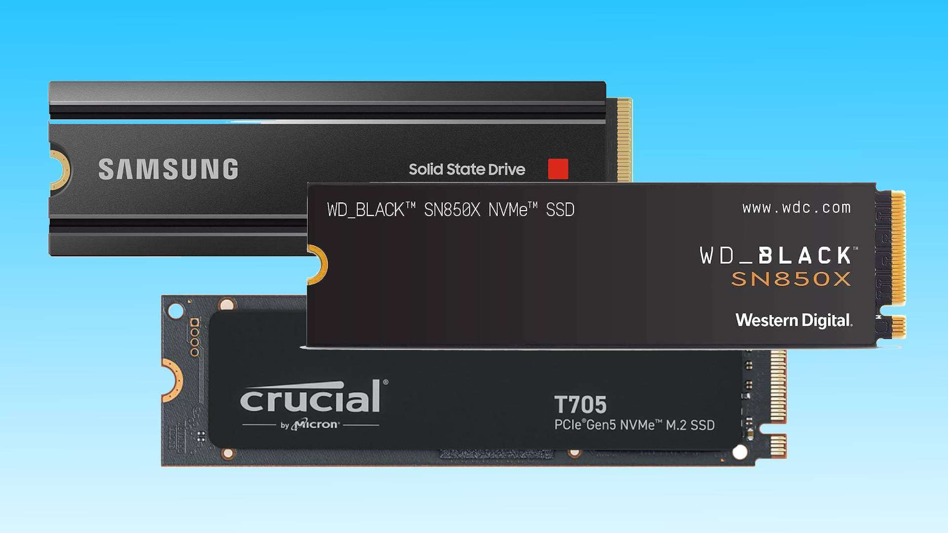 Three different brands of solid state drives (SSDs), including Samsung, WD_Black, and Crucial, isolated on a blue background, showcasing some of the best SSD deals.