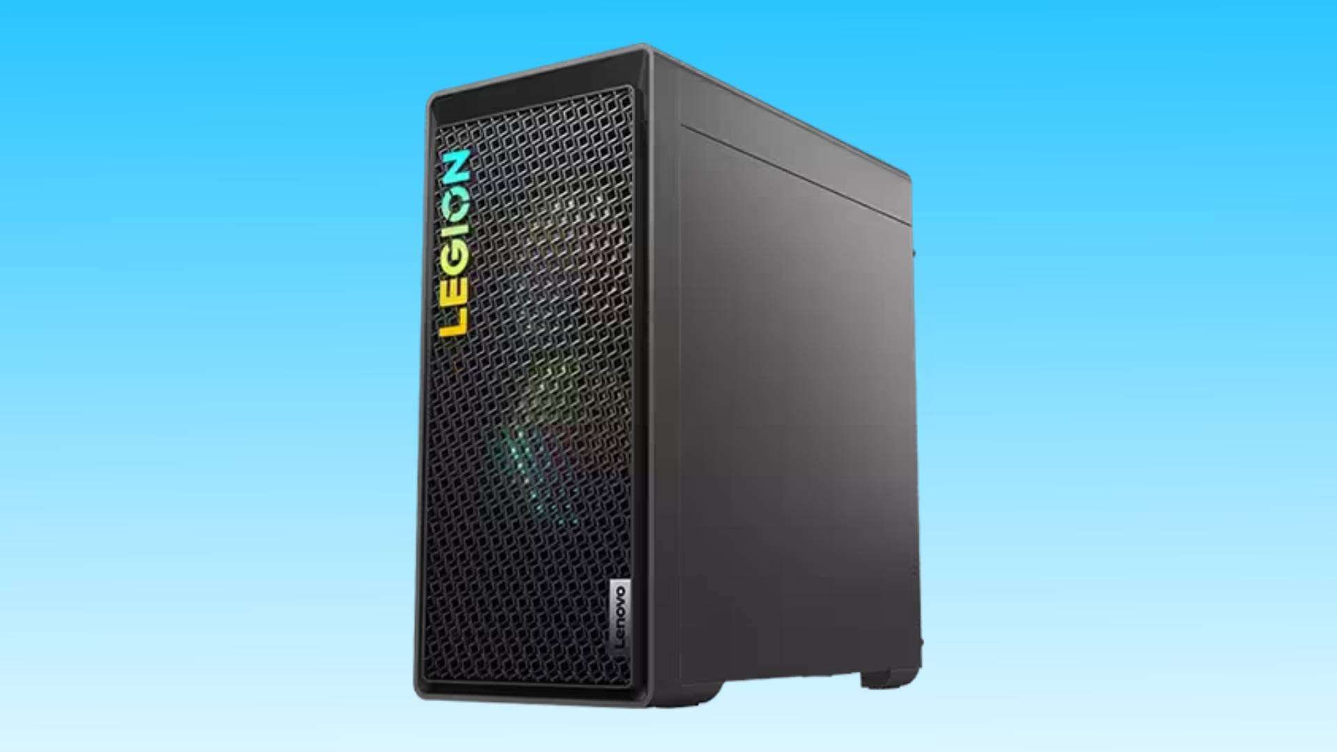Black Lenovo Legion T5 desktop computer tower with a mesh front panel and RGB lighting, displayed against a blue gradient background.
