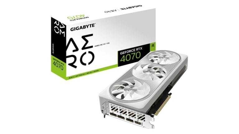 Gigabyte RTX 4070 graphics card box and card with triple white fans and black and white design.
