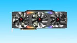 High-performance overclocked RTX 3080 graphics card with triple-fan cooling setup against a blue background.