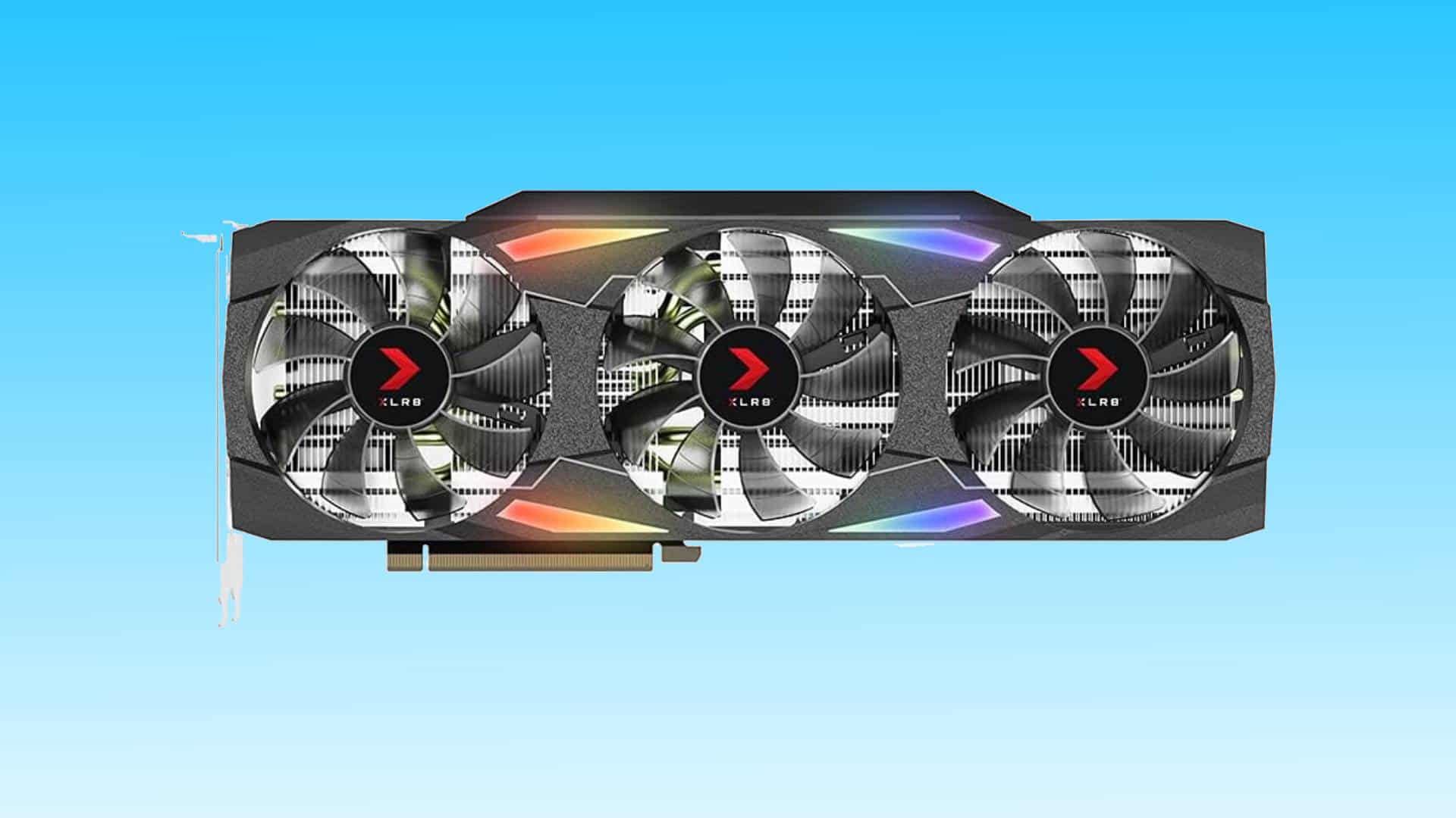 High-performance overclocked RTX 3080 graphics card with triple-fan cooling setup against a blue background.