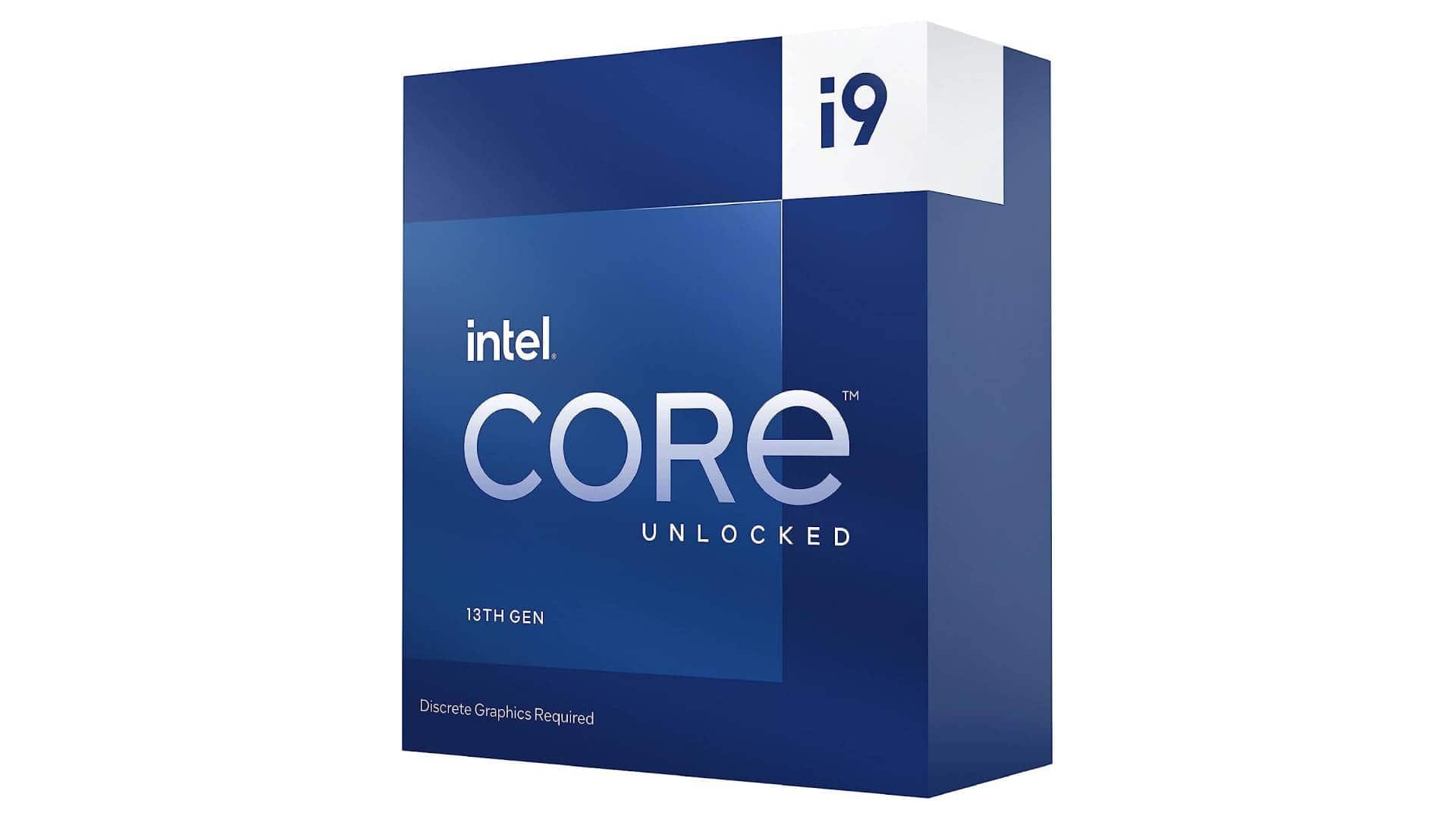 Product box of an Intel CPU, an intel core i9, 13th gen with the label "unlocked" indicating it is designed for overclocking, and a note "discrete graphics required