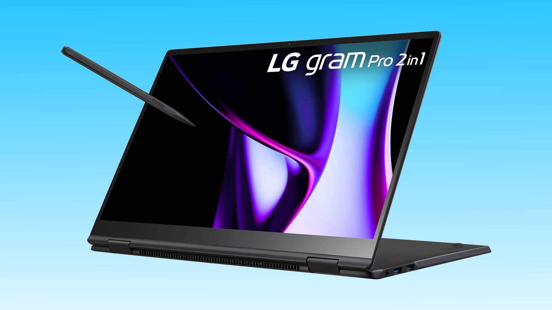 LG 2-in-1 laptop in tent mode with stylus on a blue background, showcasing its colorful display and compact design.