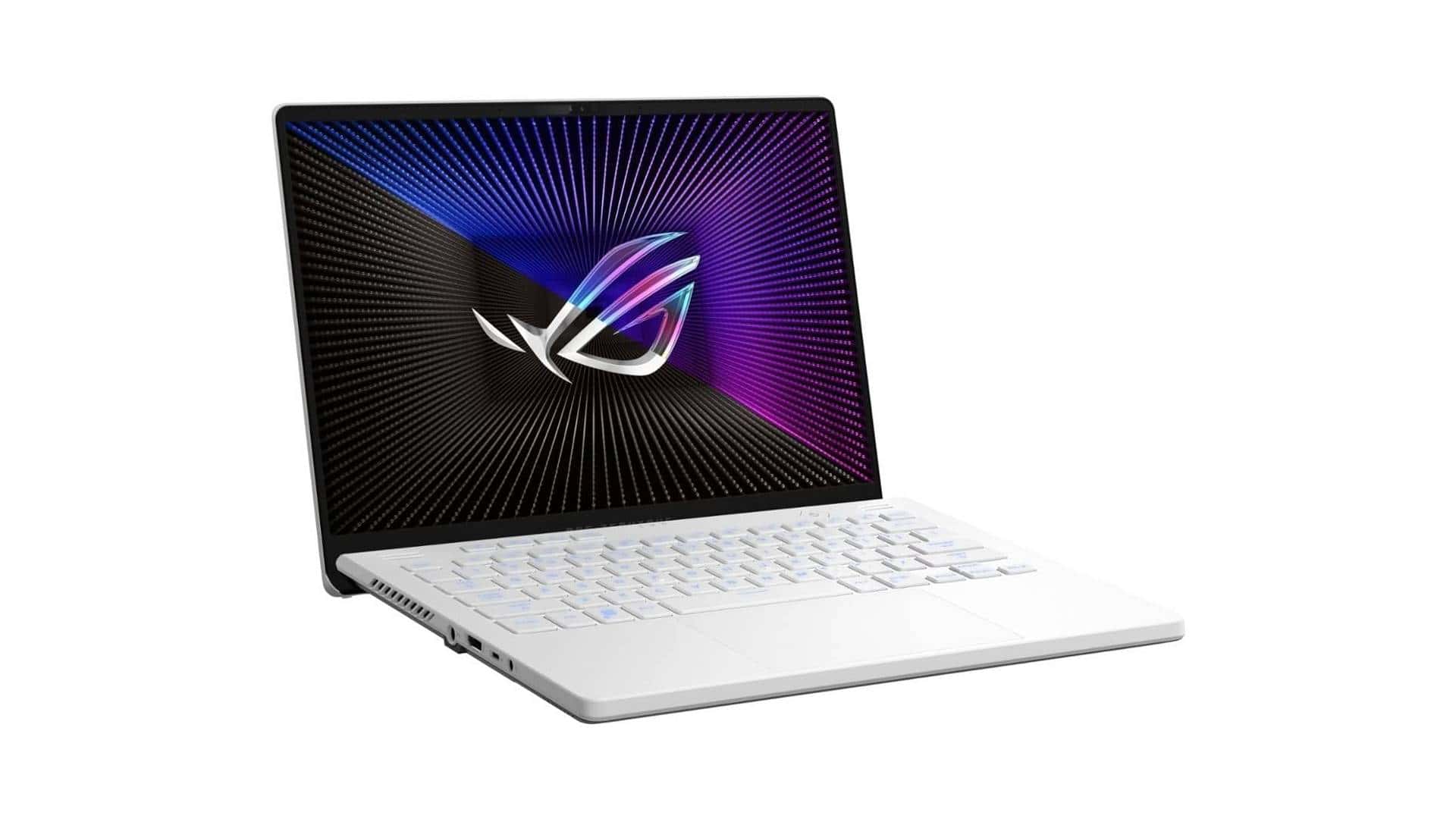 A white ASUS ROG Zephyrus gaming laptop with an open lid displaying a vibrant logo on the screen, featuring an ASUS RTX 4090 GPU, isolated on a white background.