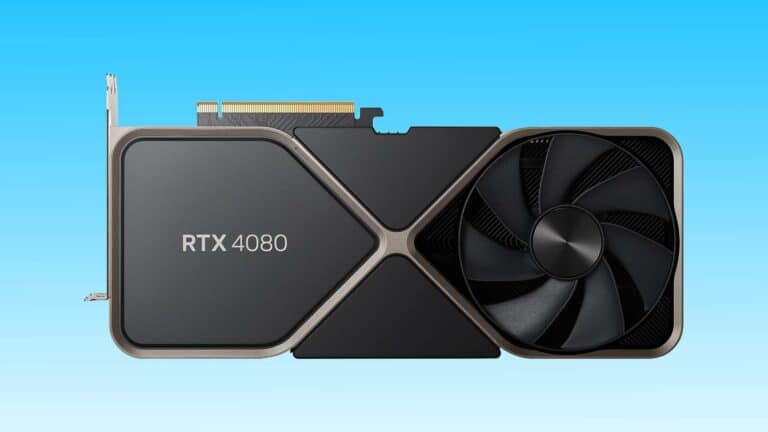 Nvidia RTX 4080 GPU deal featuring a dual-fan design and prominent branding against a blue background.