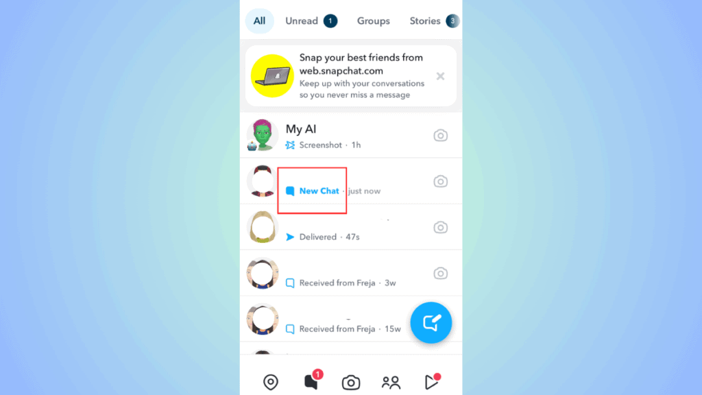 Screenshot of a Snapchat interface showing a list of messages, highlighting a 'new chat' notification with a half-swipe action, on a blue gradient background.