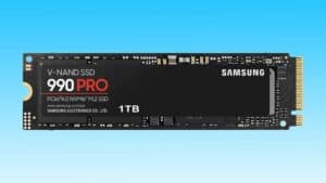 Samsung 990 PRO SSD, 1TB capacity, displayed against a blue background.