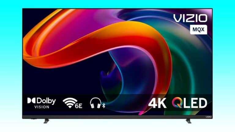A VIZIO 4K TV displaying vibrant, colorful abstract imagery on screen, showcasing icons for Dolby Vision and other features.