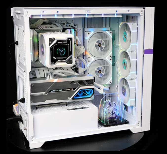 High-performance gaming pc with led lights, multiple cooling fans, and advanced RTX 4080 GPU, housed in a transparent case.