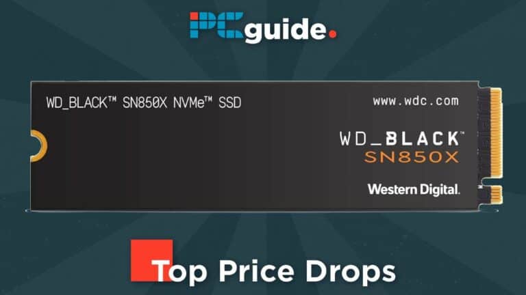 Advertisement for a wd_black sn850x 1TB nvme ssd with text highlighting a price drop, displayed on a dark background with the pcguide logo.