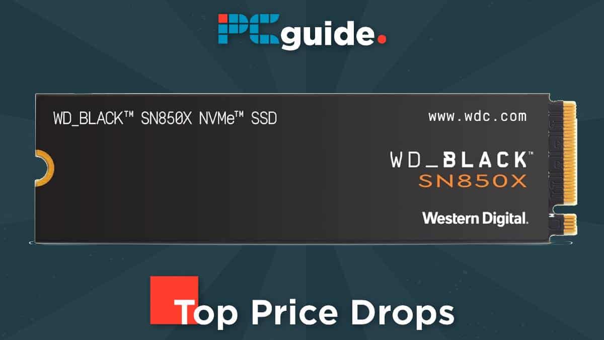 Advertisement for a wd_black sn850x 1TB nvme ssd with text highlighting a price drop, displayed on a dark background with the pcguide logo.