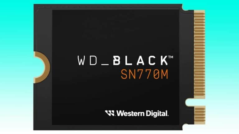 A wd black sn770m nvme ssd by western digital, depicted against a teal background with visible gold connectors on the side.