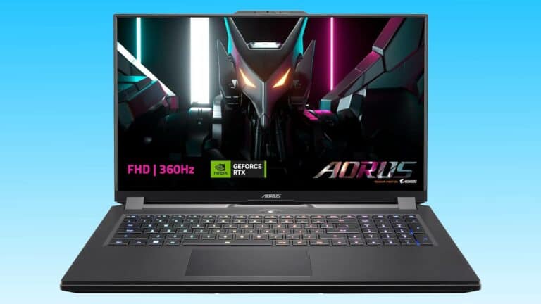 A gaming laptop with an Aorus logo on the screen displaying a colorful robotic graphic, featuring an illuminated keyboard and FHD 360Hz GeForce RTX 4080 branding.