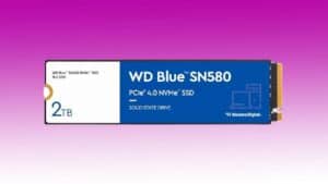 Western Digital Blue SN580 internal SSD, 2 TB capacity, displayed on a gradient pink and purple background.