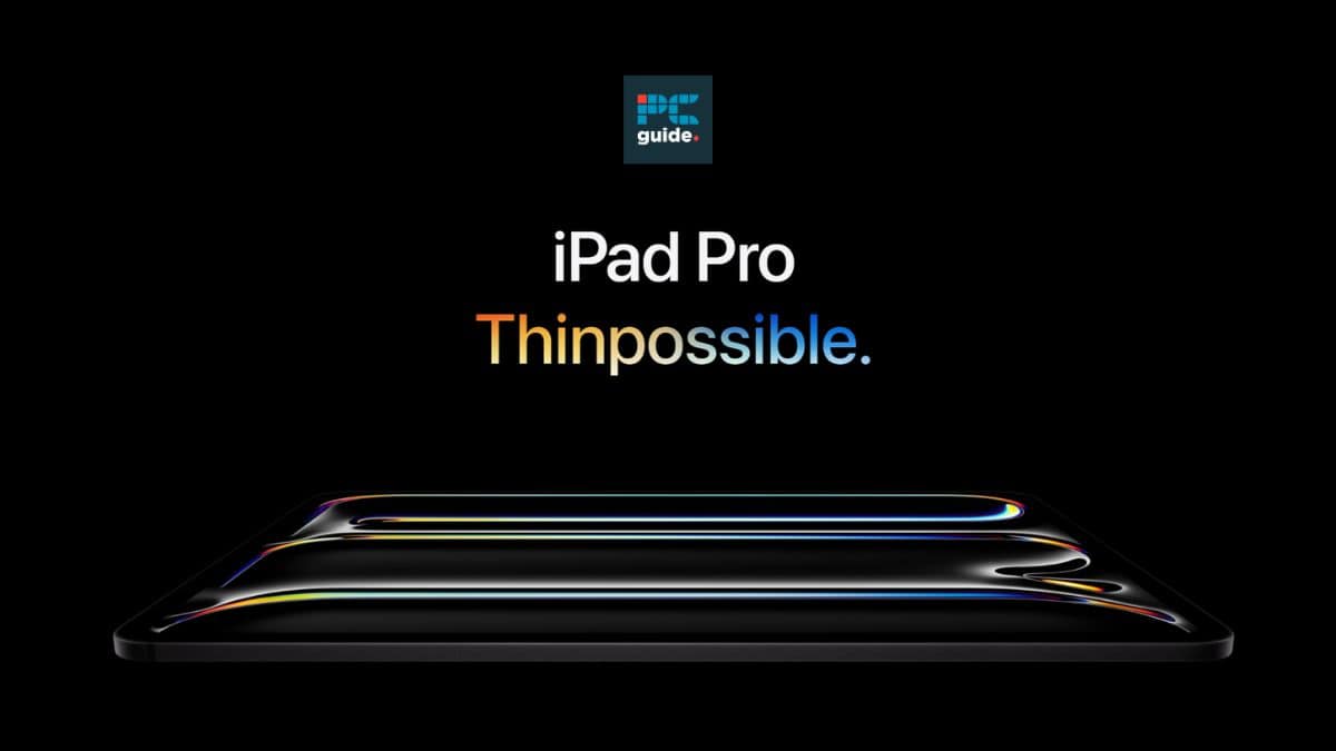 Advertisement for the Apple iPad Pro OLED 2024, showing the device with a reflective, colorful edge design on a dark background, captioned "thinpossible.