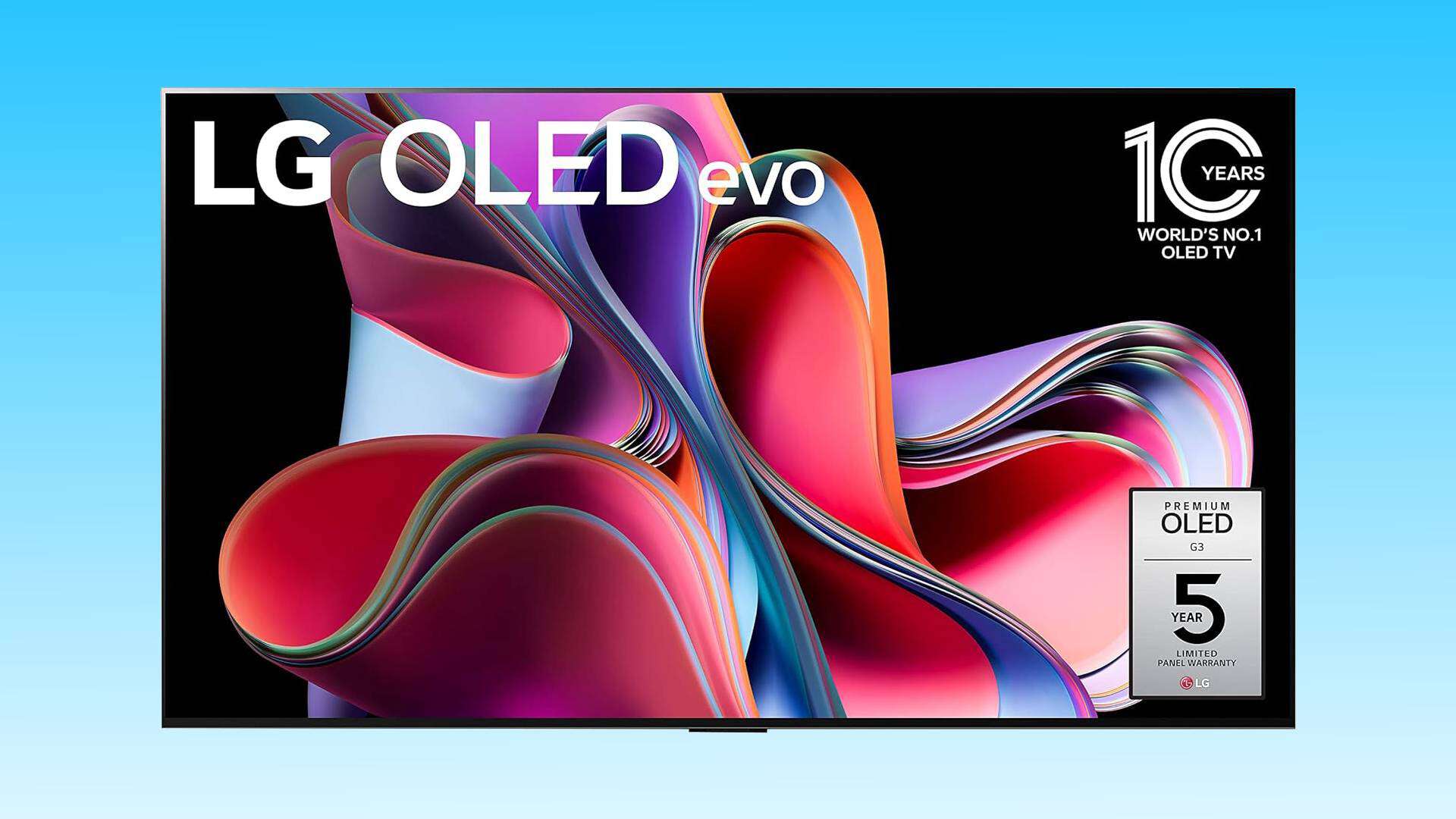 LG OLED EVO TV with colorful abstract design displayed on the screen, advertising its status as the world's no. 1 OLED TV for 10 years, featuring premium OLED technology and a 5