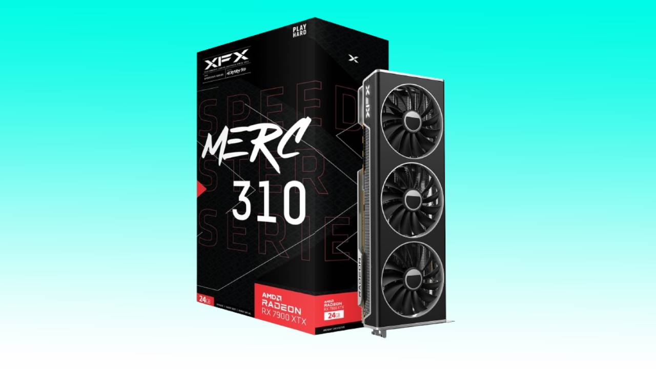 A xfx speedster merc 310 series graphics card box featuring an amd radeon rx 7900 xtx next to the actual graphics card on a teal background, optimized with SEO keywords.