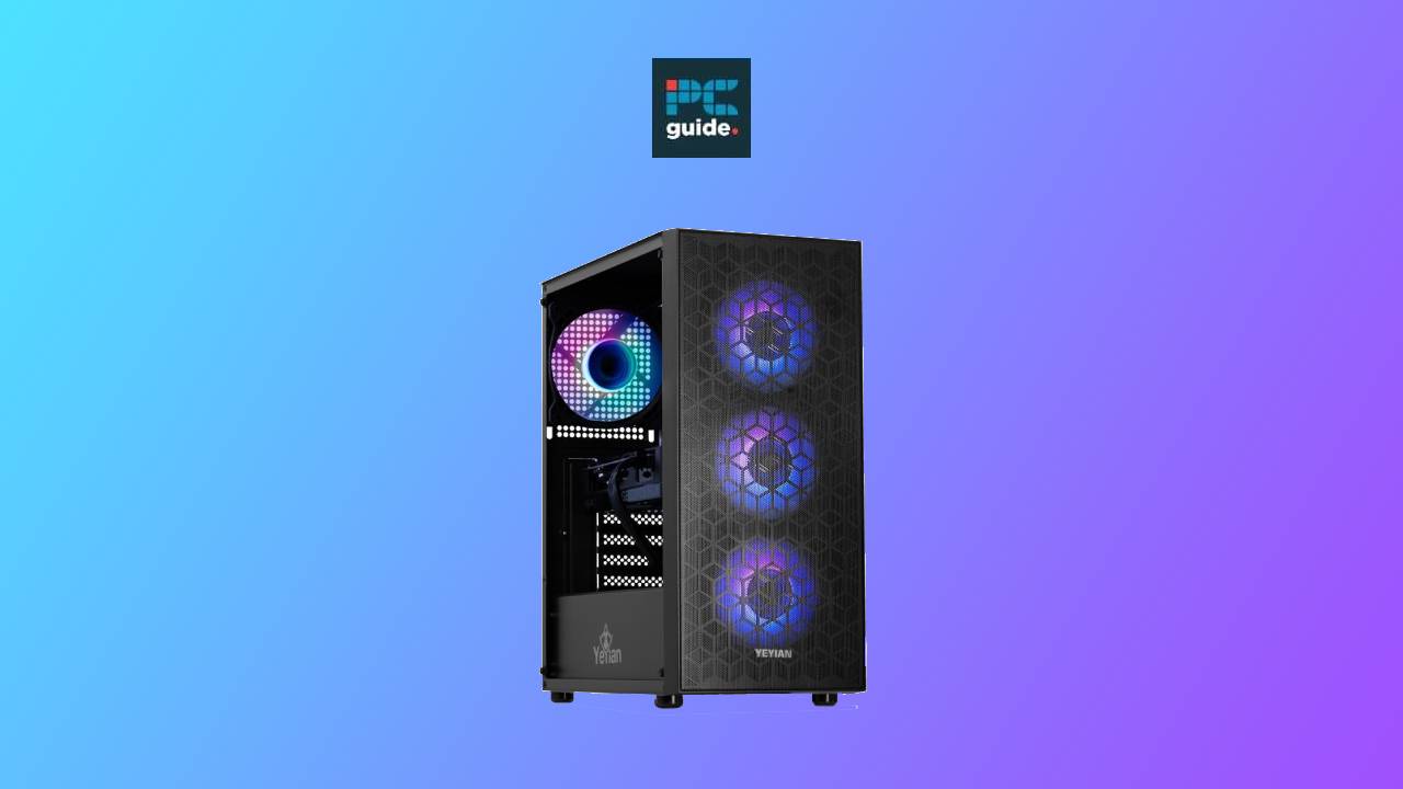 A Yeyian RTX 4060 gaming computer tower with led lights against a blue and purple gradient background.