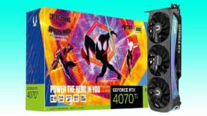 Nvidia geforce rtx 4070 ti graphics card and its spider-man-themed Auto Draft packaging.