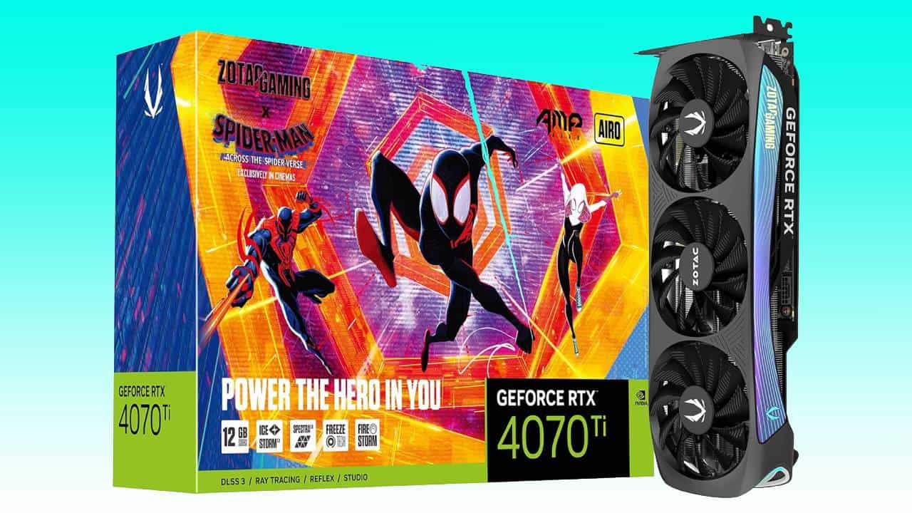 Nvidia geforce rtx 4070 ti graphics card and its spider-man-themed Auto Draft packaging.