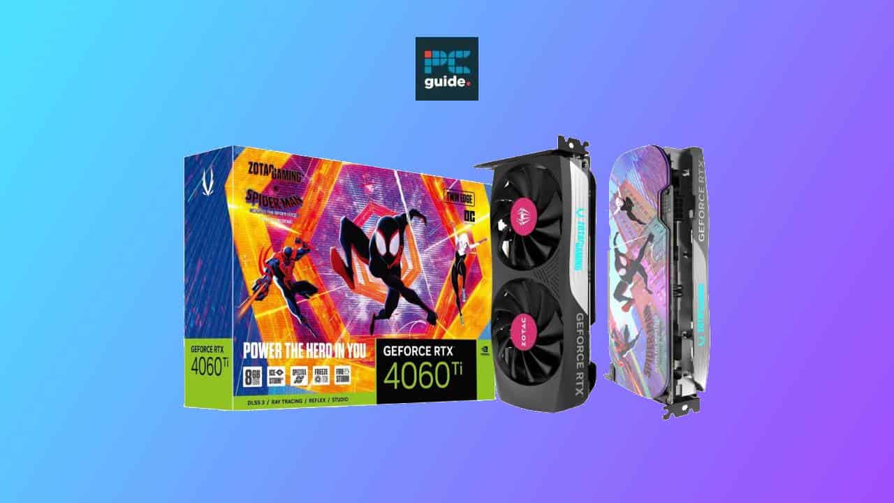 Nvidia GeForce RTX 4060 Ti graphics card and its packaging with a blue background, now available with an $82 discount.