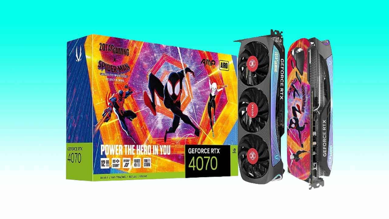 Colorful packaging of a ZOTAC Gaming GeForce RTX 4070 GPU next to the physical card with triple fans.