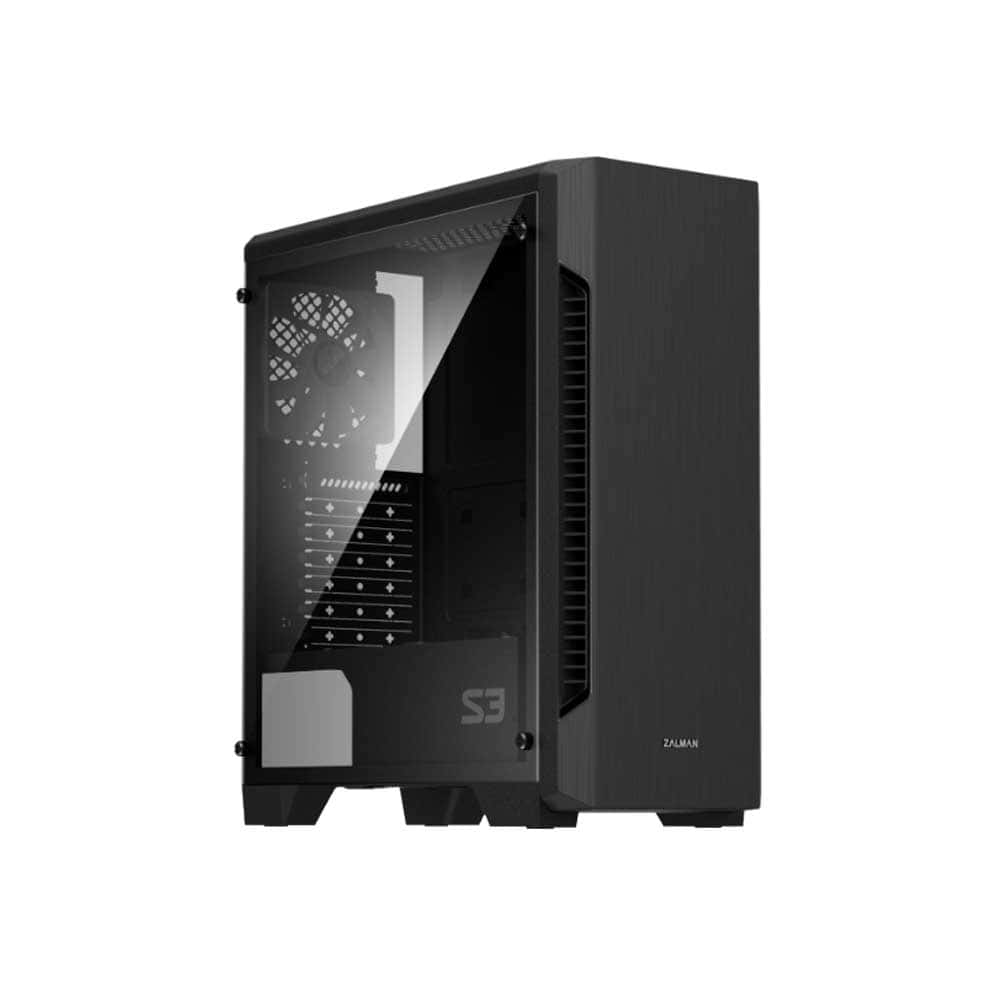 A budget black Zalman S3 mid-tower computer case with a transparent side panel.
