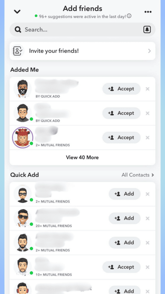 Screenshot of a Snapchat "add friends" page showing friend requests and quick add suggestions with cartoon avatars, accept buttons, and explanations of what the green dot means.
