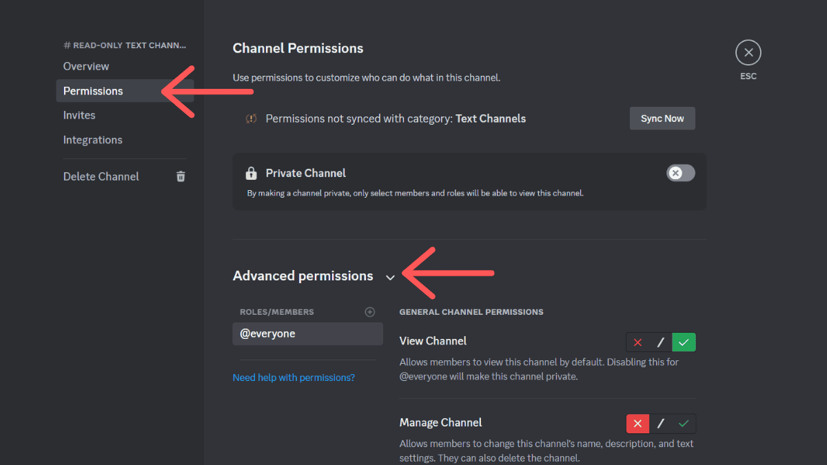 Screenshot of a Discord channel settings interface on desktop and mobile, highlighting the "permissions" and "advanced permissions" tabs with red arrows.