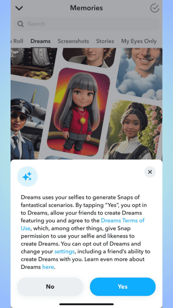 Screenshot of a smartphone interface showing a pop-up message from Snapchat Dreams app about using AI Selfies to generate content, with user photos displayed above.