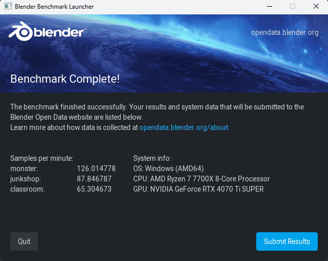 Screenshot of Blender benchmark launcher showing completed benchmark results for a Ryzen 7 7700X review, including various performance metrics and links for more information.