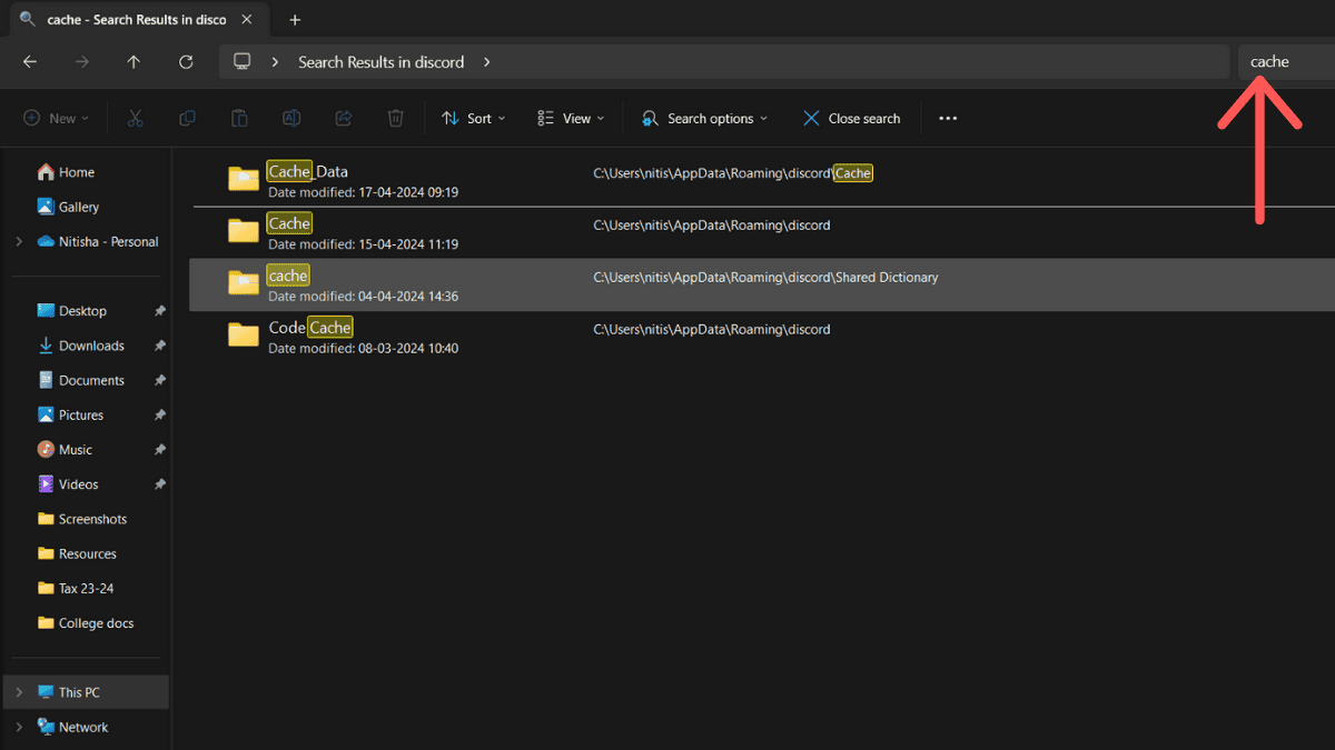 Screenshot of a desktop and mobile screen displaying file search results for "Discord cache" in Discord folders with an arrow pointing to one of the files.
