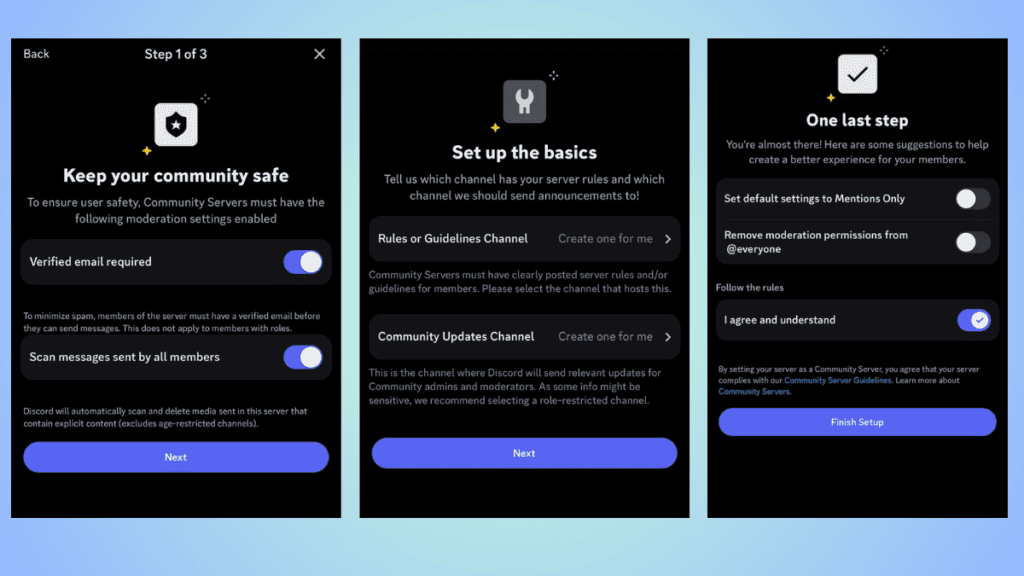 Three screenshots of the Discord setup process on desktop and mobile focusing on community safety, announcement channel basics, and permissions settings to keep the community safe.