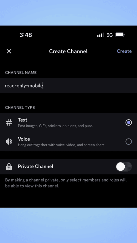 Screenshot of a desktop screen showing the setup interface for creating a new private Discord channel named "read-only-mobile" on a chat application.