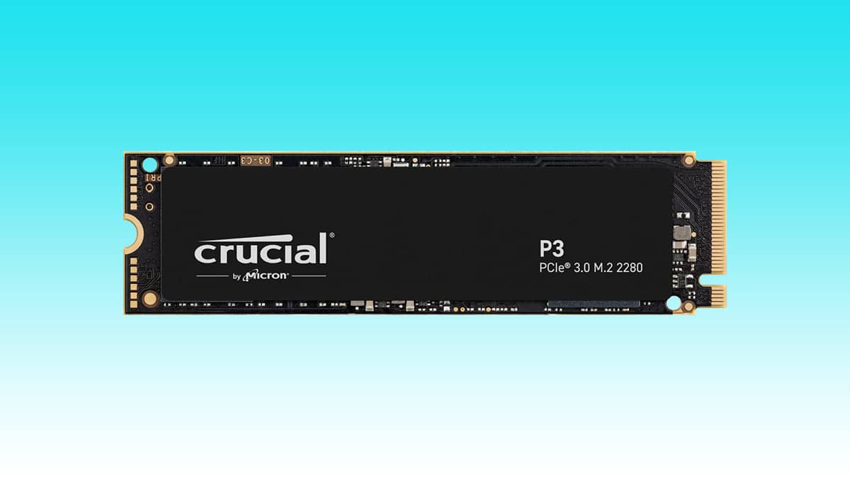 A crucial 2TB nvme pcie m.2 SSD storage against a teal background.