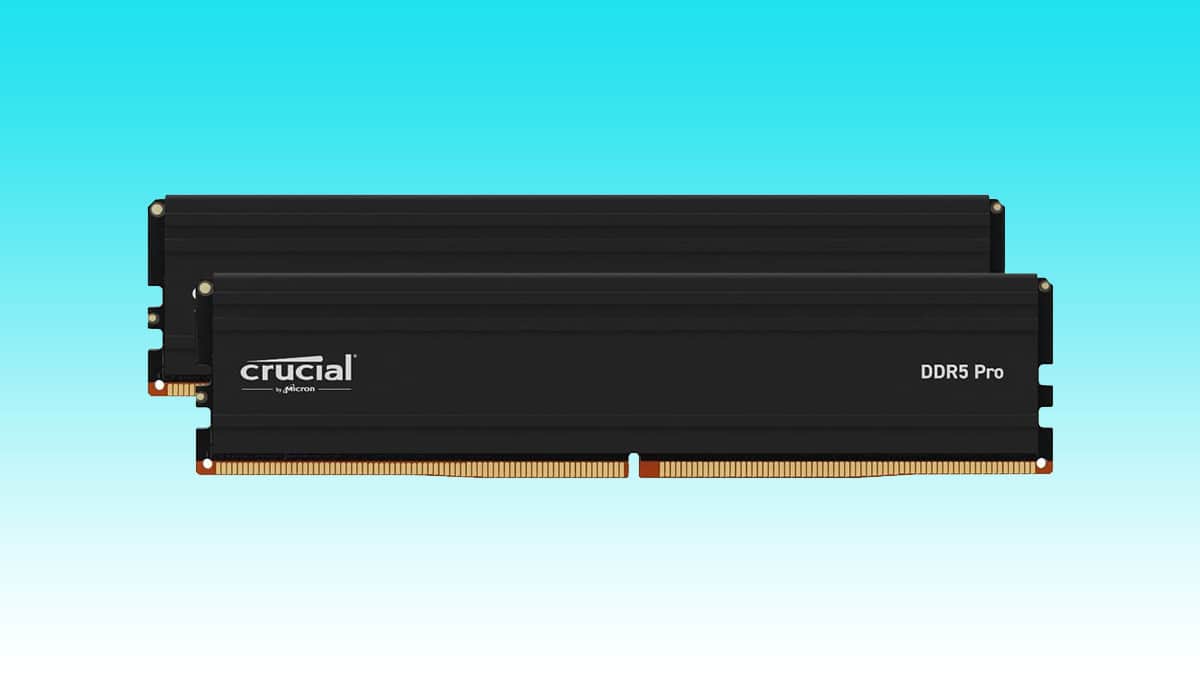 Two sticks of crucial DDR5 RAM against a blue background. Auto Draft