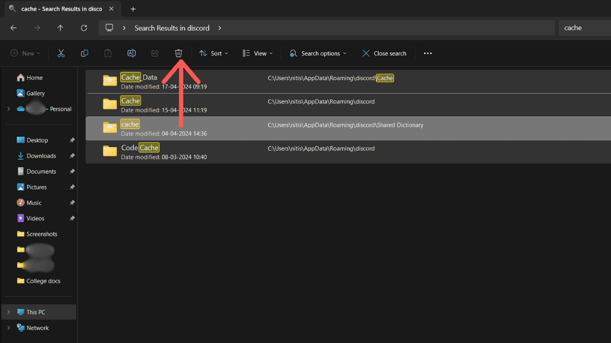 Screenshot of a computer screen showing a file search in a Discord cache folder, highlighting a "cache" file with a modified date.