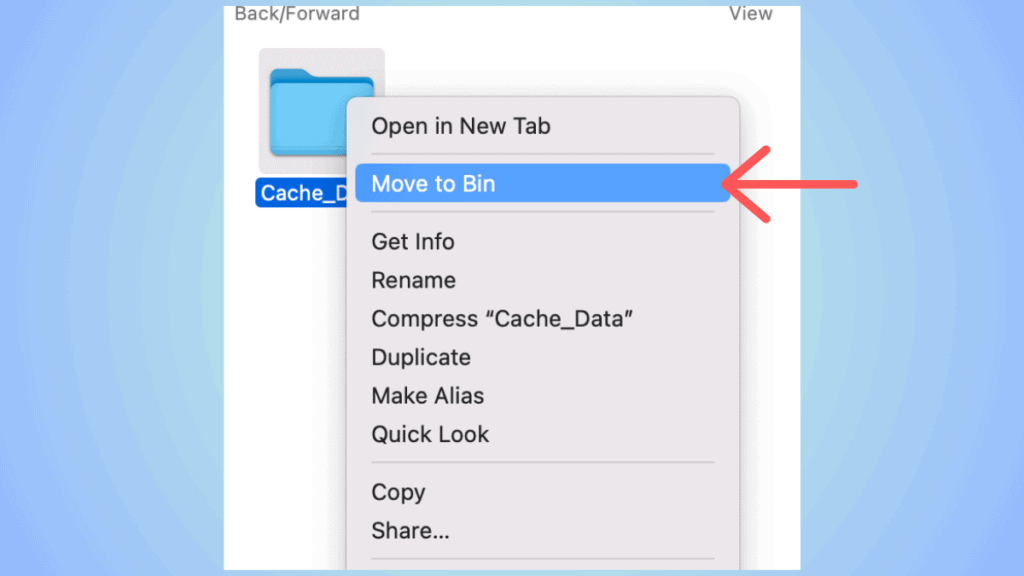 Screenshot of a computer interface displaying an open dropdown menu with options like "open in new tab" and "clear Discord cache," with an arrow pointing to "clear Discord cache.
