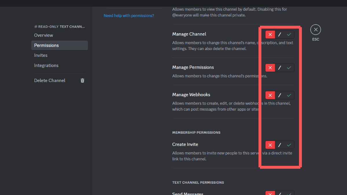 Screenshot of a Discord channel interface on desktop and mobile showing various permissions settings for a channel, with some options marked by red crosses.