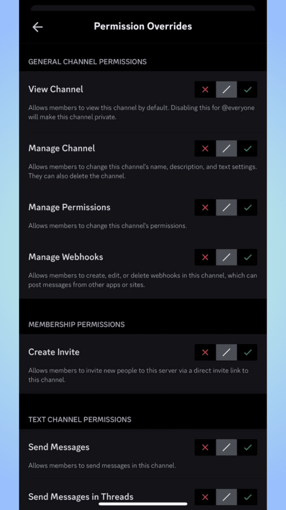 Screenshot of a Discord channel interface on desktop and mobile showing various toggled permission settings, with permissions such as "view channel" marked with red crosses in a read-only format.