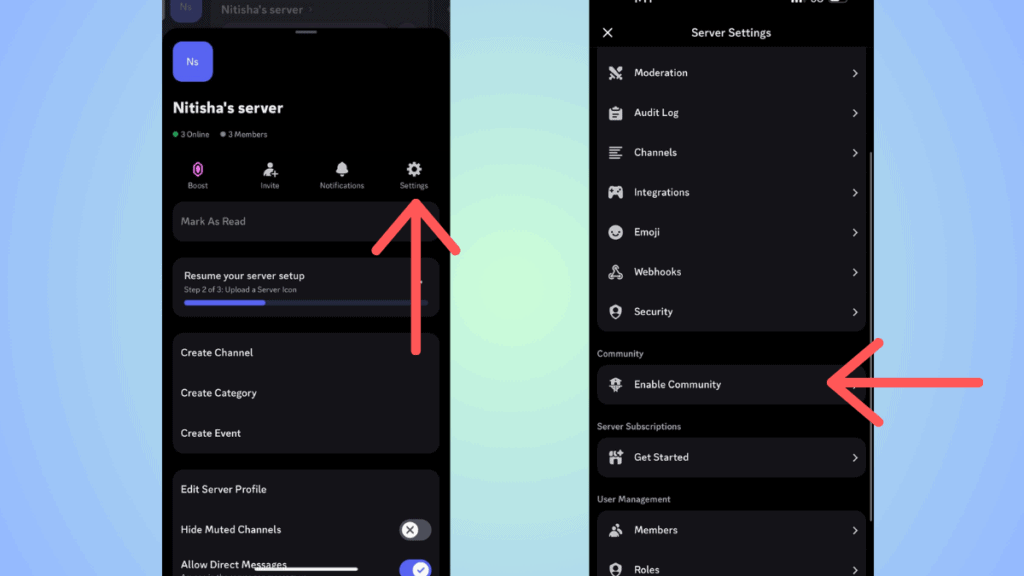 Two smartphone screens displaying a messaging app's server settings on Discord, with red arrows pointing to menu options on both screens.