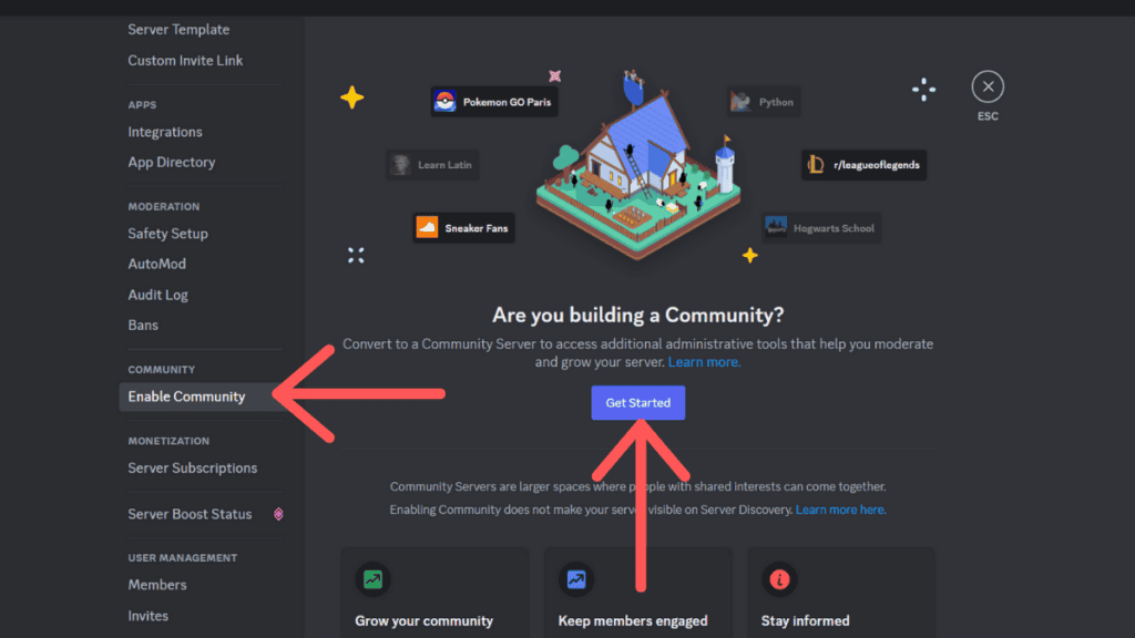 Screenshot of Discord's community settings page on desktop and mobile, highlighting features with red arrows pointing at various text boxes and a 3D illustration of a building.