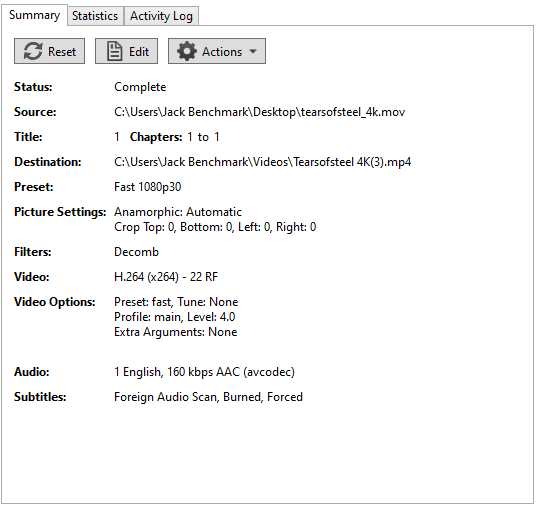 Screenshot of a video file's properties window showing details like file path, format, dimensions, codec settings, and AM4 audio specifications.