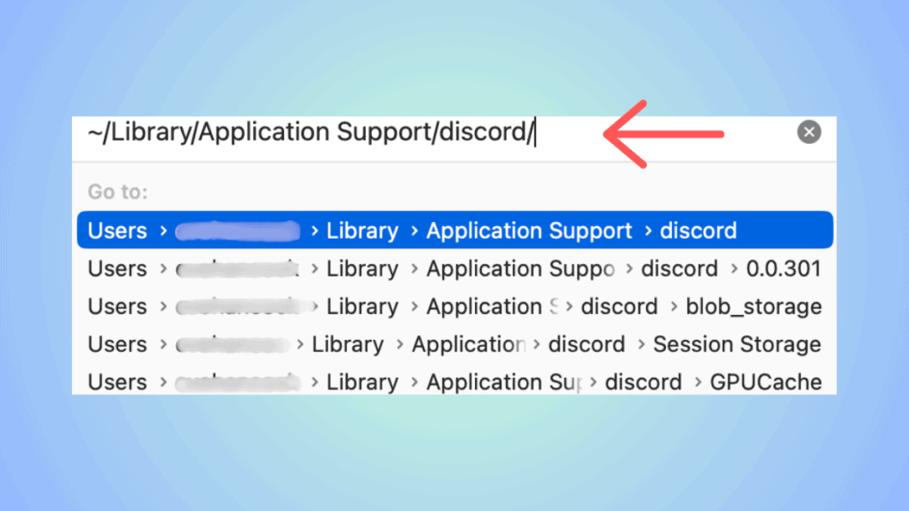 Screenshot of a computer file navigation window with a path highlighted leading to the Discord cache folder in the application support directory.
