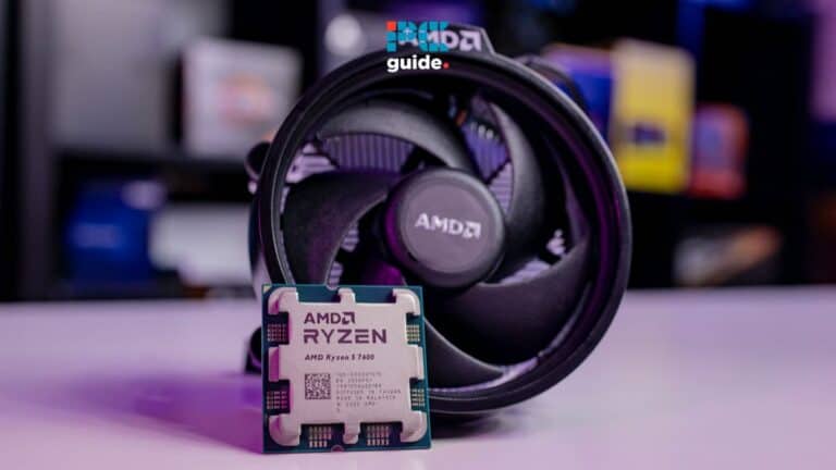 An amd ryzen 7 5800x processor positioned in front of an out-of-focus computer cooling fan on a desk with soft lighting and a colorful background, illustrating how to fix CPU overheating. Image taken by PCGuide.com