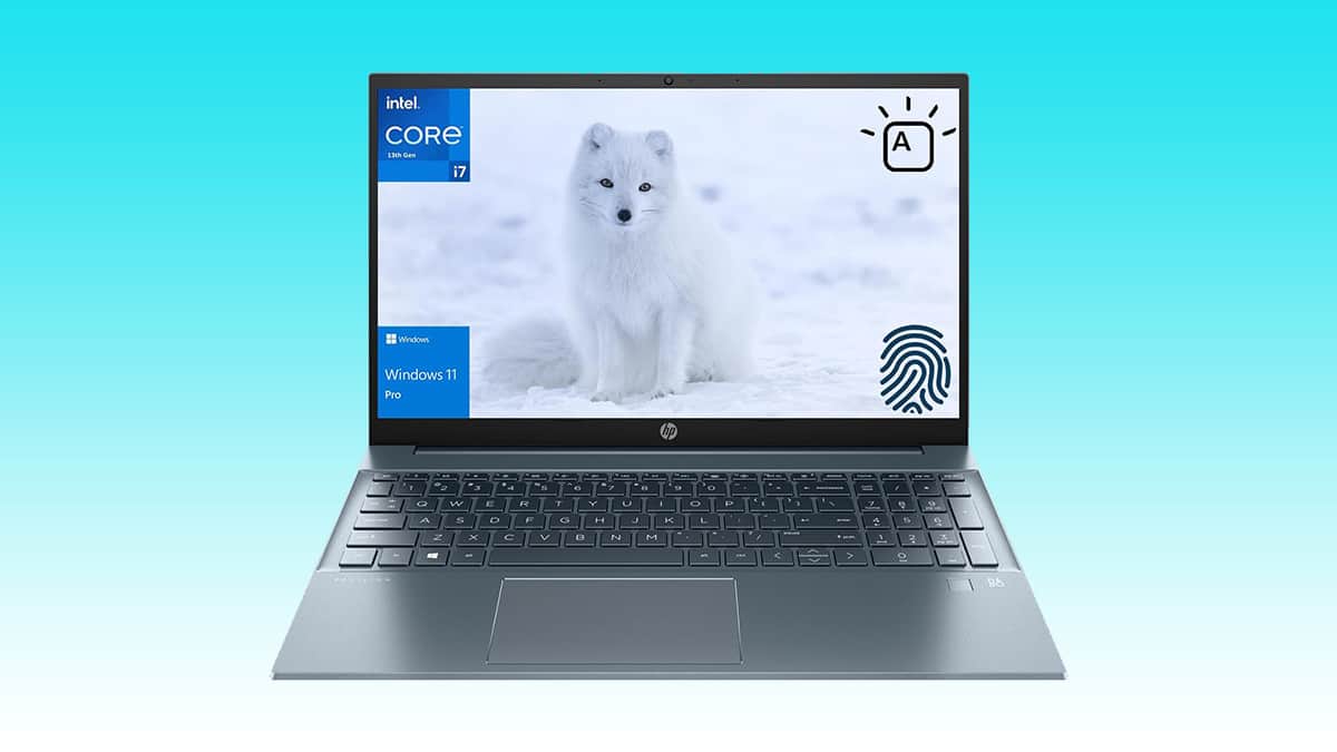 A laptop displaying a wallpaper of a white arctic fox against a snowy background with auto draft enabled.