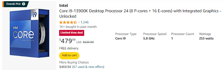 Intel Core i9-13900K flagship desktop processor box next to a price tag of $479, marked as a limited time deal on an online store.