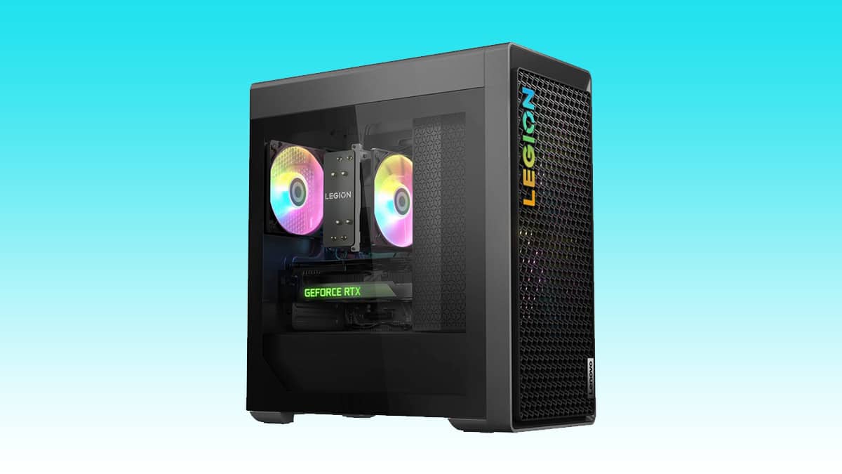 Lenovo legion gaming desktop pc with auto draft rgb lighting and visible GeForce RTX graphics card.