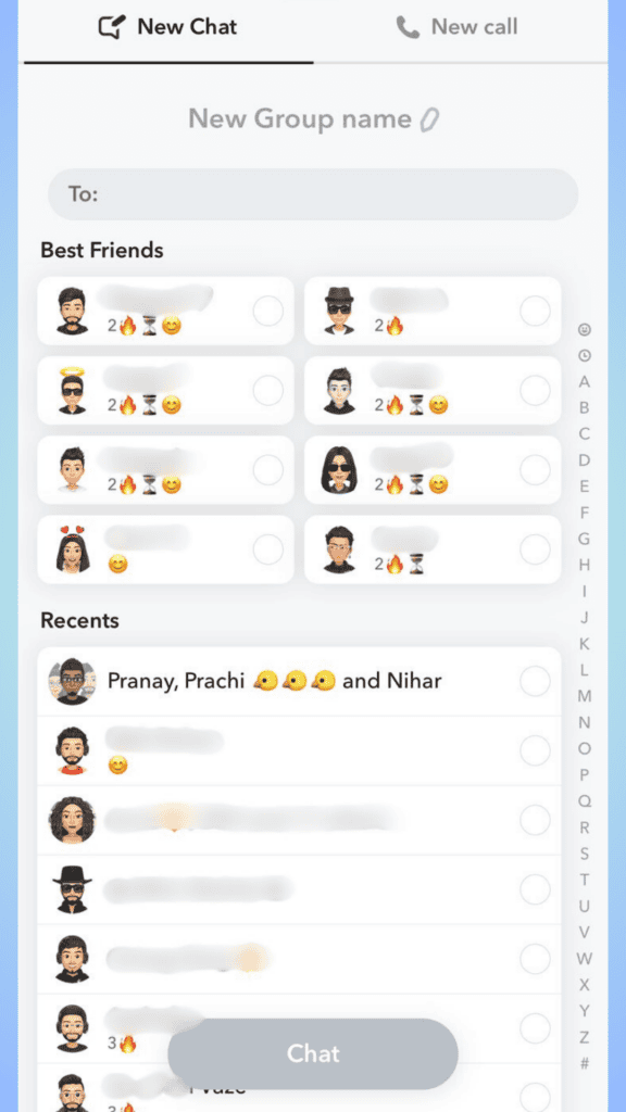 Screenshot of the Snapchat interface showing a new chat screen, with a section for 'best friends' displaying emojis and profile pictures including the peace sign emoji, and a 'recents' section listing contacts.