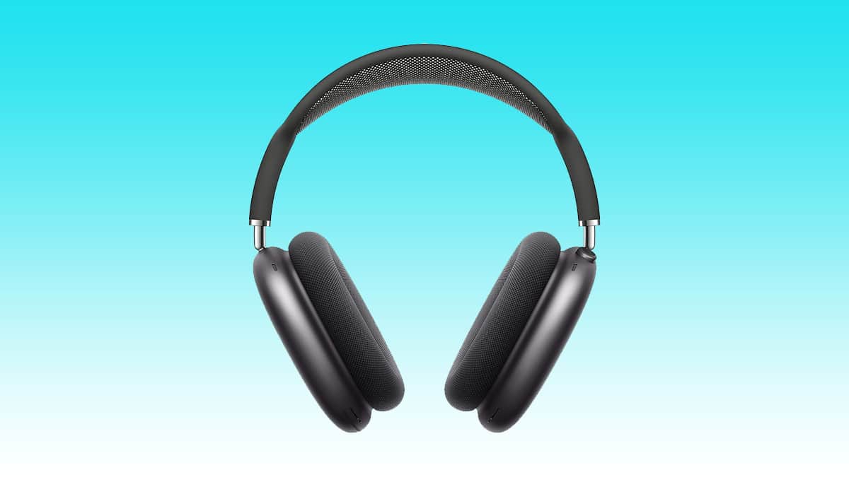 Black over-ear headphones against a blue gradient background.